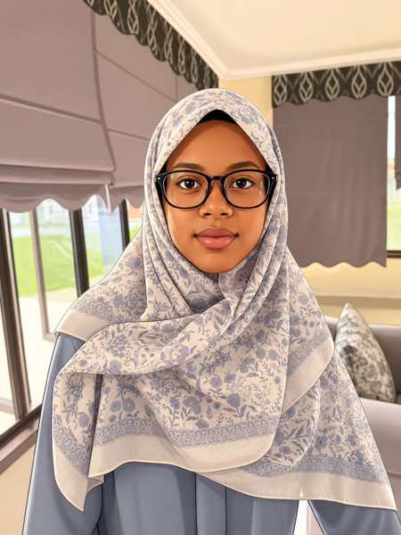 Hajara coding at her desk